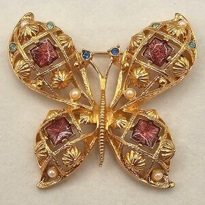 Vtg Large Avon Butterfly Stmt Brooch Gold Tone Purple Faux Pearl Rhinestone 2.5"